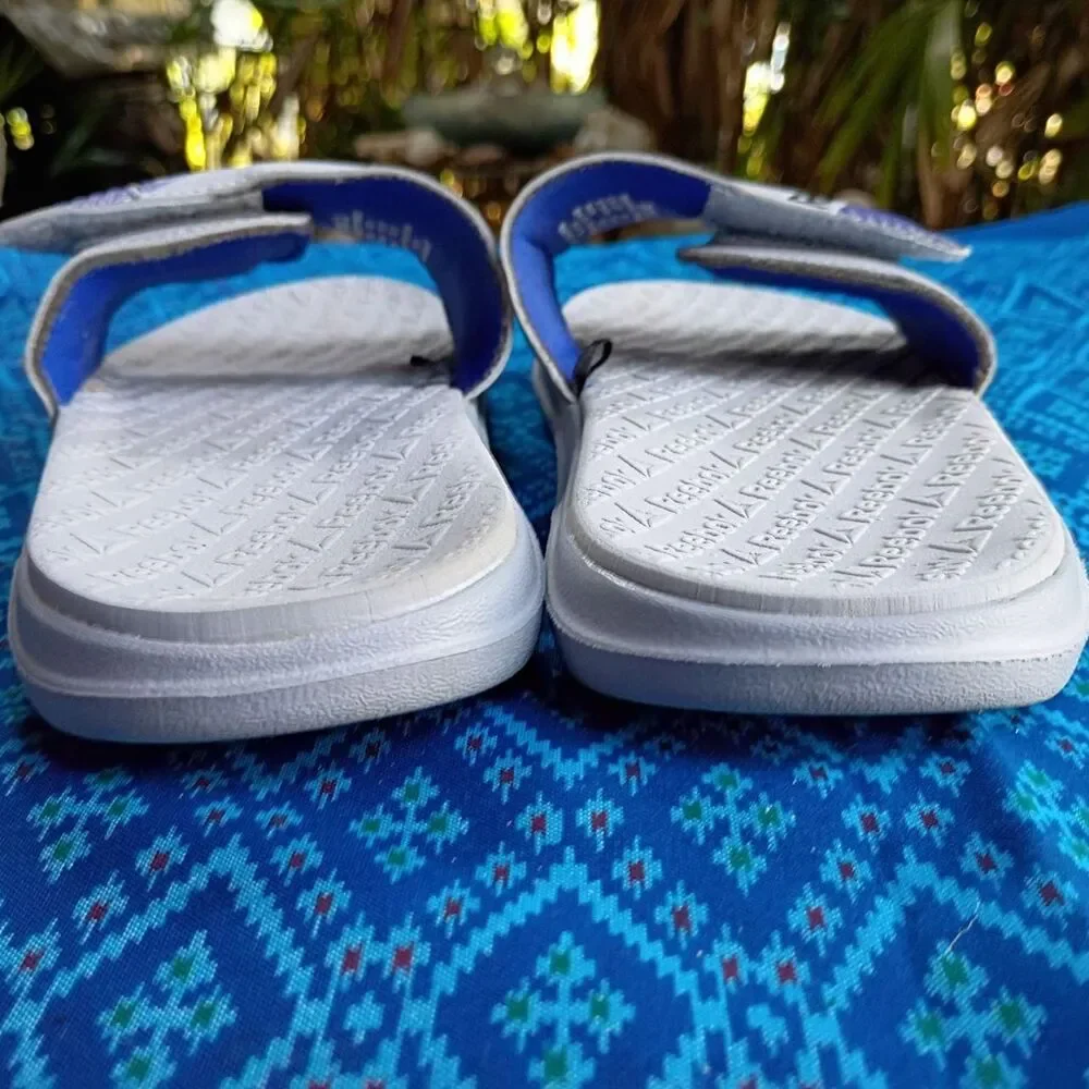 Reebok White and Blue Slides